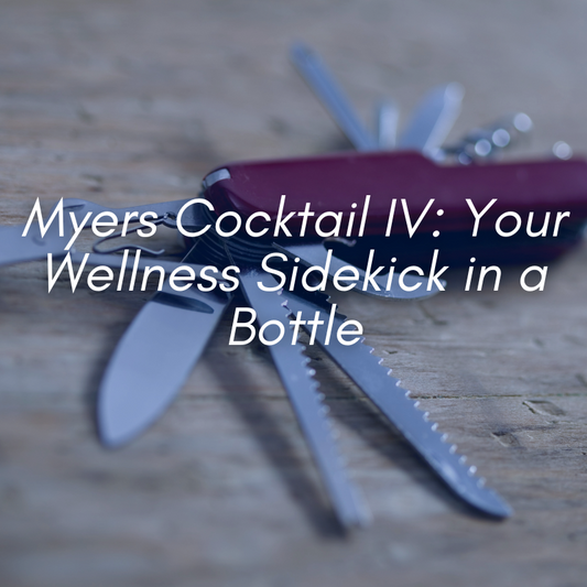 A Swiss army knife with a text overlay that highlights the Myer's Cocktail IV service by The IV Den