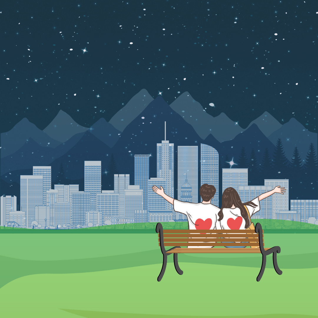 A couple with hearts on their backs sits on a bench, arms outstretched, enjoying the view of a city skyline and mountains under a starry night sky.